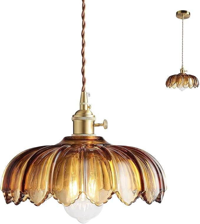 Pendant Lights Kitchen Island: Amber Glass Hanging Light Fixture with Rotating Switch, E26 Base - Modern Lighting for Dining Room, Bedroom & Living Room