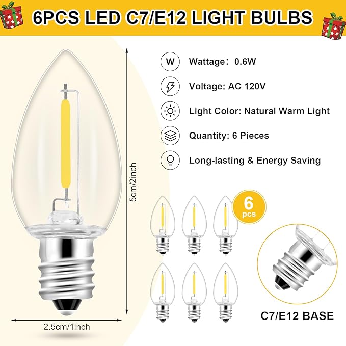 1Pack Accessory Cord with 6LED Light Bulbs Christmas Village Lights 10.3FT Blow Mold Light Cord with Spare Fuse Warm White C7 Lamp Christmas Villages Accessories for Village Houses Craft Pumpkin Decor