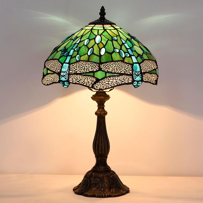 Tiffany Lamp Touch Control Table Lamp Green Stained Glass Desk Lamp 12X12X19 Inches Dragonfly Style Reading Light