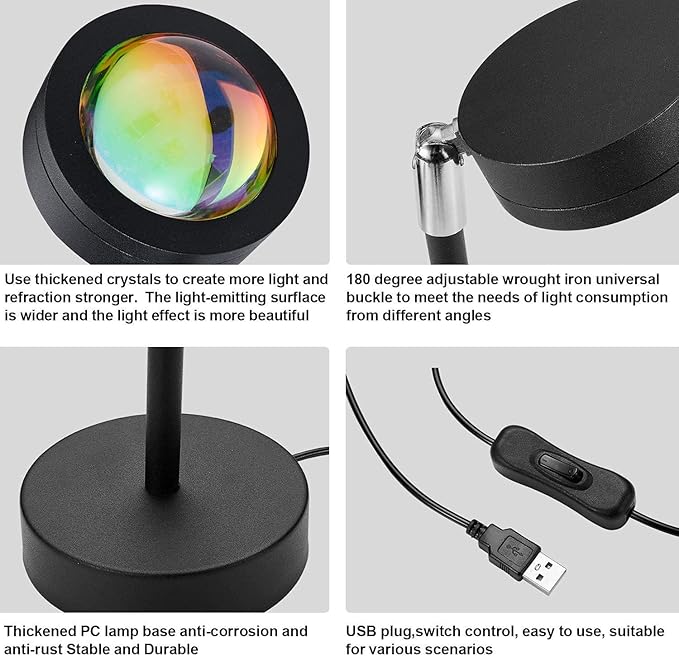 Sunset Lamp Sunset LED Projection 180 Degree Rotation USB Rainbow Projection Lamp Night Light Romantic Projector for Home Party Living Room Bedroom Decor (Sunset)