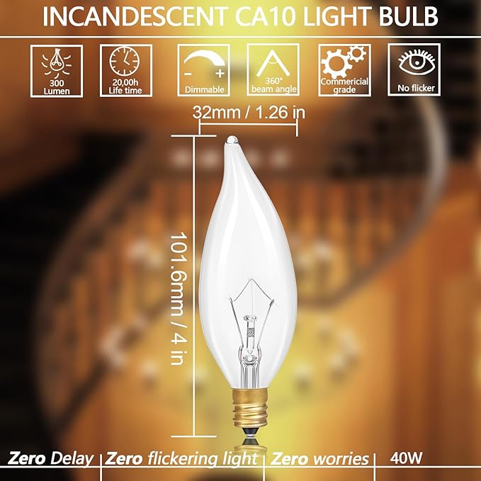 Potanro E12 Incandescent Light Bulbs 40Watt Warm White 2700K, 300 Lumens Candelabra Light Bulbs Decorative Dimmable Chandelier Bulbs for Ceiling Fan, Pendants (40W-20Pack)