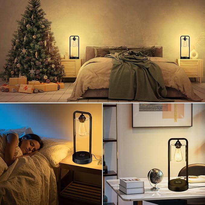 Wireless Charging Table Lamp for Bedroom Set of 2, Touch Control Dimmable with Type C USB Ports & AC Outlet Bedside Nightstand Lamp, Glass Shade Industrial Desk Lamp for Home Office, Bulbs Included