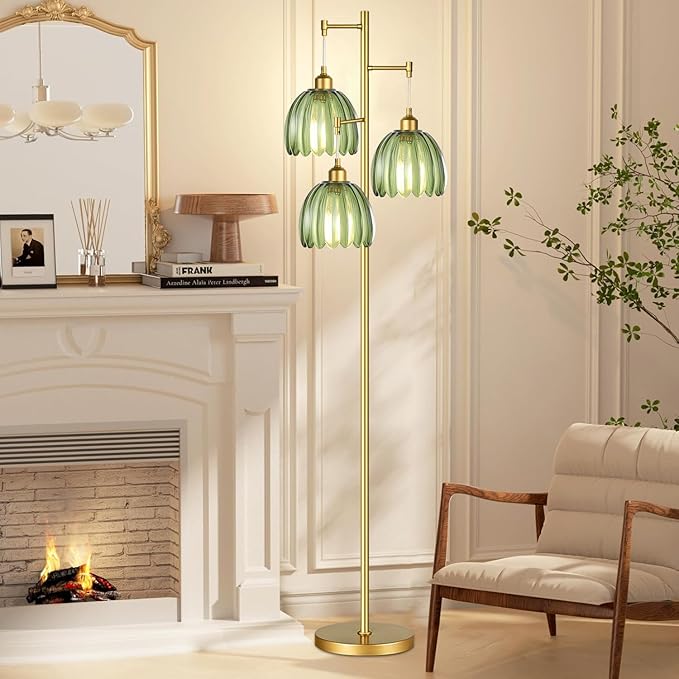 Gold Tree Floor Lamp with Green Glass Shades – 68" 3-Light Mid-Century Vintage Standing Lamp for Living Room, Bedroom & Office