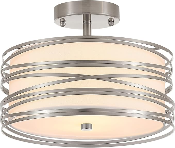 Drum Semi Flush Mount Ceiling Light Fixture Vintage 12.2" Modern Farmhouse 2-Lights Linen Drum Ceiling Lighting Rustic Chrome Ceiling lamp for Dining Room, Bedroom, Laundry Room