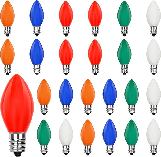 25 Pack C7 Replacement Light Bulbs, Vintage Multicolor Baked 0.6w LED Christmas Bulbs for Christmas String Lights, E12 Candelabra Base, Colorful Ceramic Light for Xmas Tree Patio Indoor Outdoor Decor