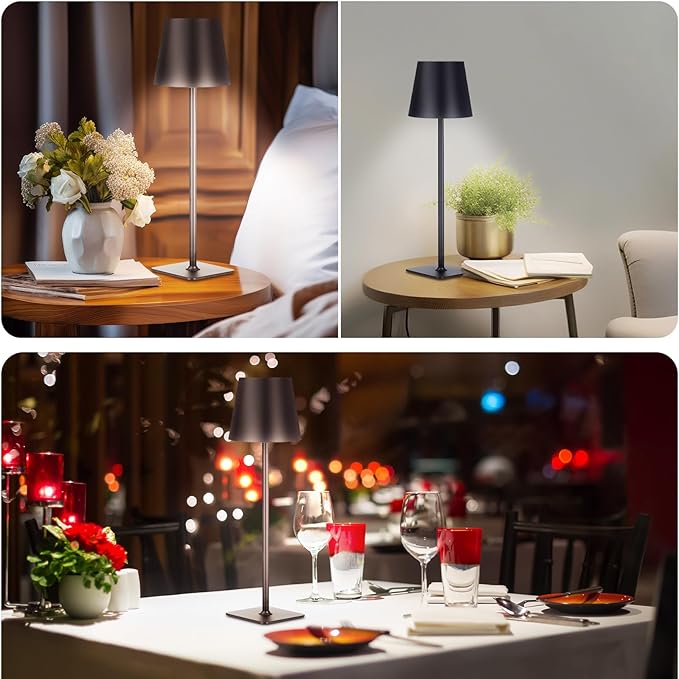 Retisee 12 Pack Rechargeable Cordless LED Table Lamps Black 3000mAh Battery Operated Table Light 3-color Stepless Dimming Portable Desk Lamps for Restaurant Coffee Bars Camping Bedrooms Indoor Outdoor