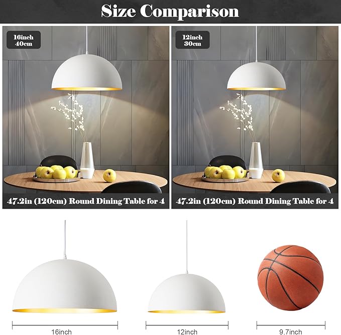 16” Large Dome Pendant Light Fixtures, White and Gold Hemispheric Pendant Lights Kitchen Island, Modern Adjustable Hanging Ceiling Light Chandelier for Kitchen Island Living Room Dining Room, 2 Pack