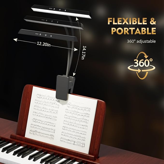 2 Pack Rechargeable Music Stand Lights - Eye Caring 47 LED Clip on Piano Lights, 4 Color & 3 Brightness, USB-C, up to 110 Hrs Runtime, Portable Lamp for Musician, Grand/Upright Piano, Reading