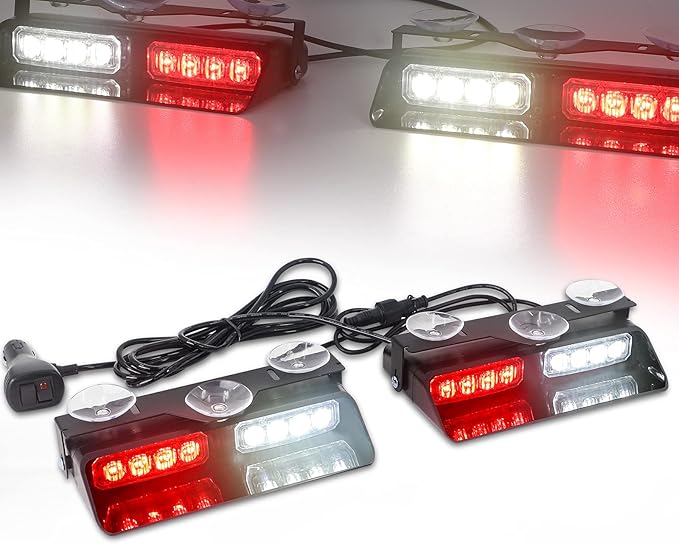 XRIDONSEN 2 in 1 Emergency Dash Lights Red White Volunteer Firefighter Lights Warning Hazard Safety Flashing Law Enforcement Responder Front/Rear Windshield Strobe w/Suction Cups for Vehicles Trucks