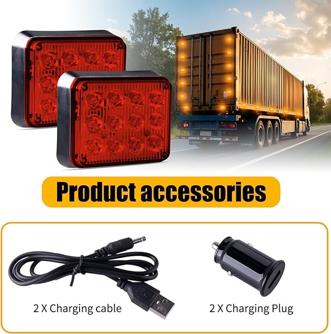 2PCS Amber Strobe Lights for Trucks, Rechargeable Flashing Lights for Vehicles, Battery Powered Surface Mount Flashing Warning Emergency Lights with Magnetic for Trucks Car,Trailer,ATV,Tow