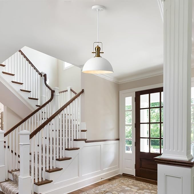 12 Inch Sandy White Farmhouse Pendant Lights for Kitchen Island Industrial Adjustable Height Vintage Dome Hanging Light Fixtures for Barn,Dining Room 3 Packs