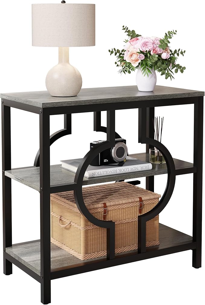End Table, Narrow Side Table with 3-Tier Storage Shelves, Wood Sofa Side Table with Geometric Metal Frame for Living Room, Industrial Bedside Nightstand for Bedroom (1, Rustic Gray)