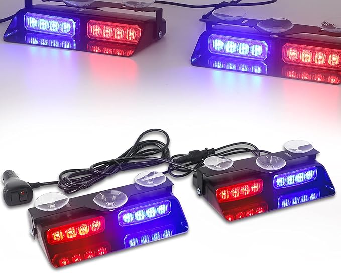 XRIDONSEN 2 in1 Dash Emergency Strobe Lights Interior Windshield Red Blue Warning Safety Flashing Police Lights Law Enforcement w/Suction Cups for Volunteer Vehicles, Trucks (2×7.16 inch, 16 LED)