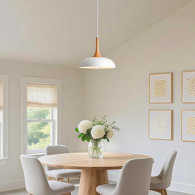 White Pendant Lights Kitchen Island,Modern Pendant Light Fixtures,Farmhouse Adjustable Hanging Pendant Lighting for Foyer Entryway Hallway Bedroom Dining Room Living Room,Faux-Wood,Small 12.6 inch
