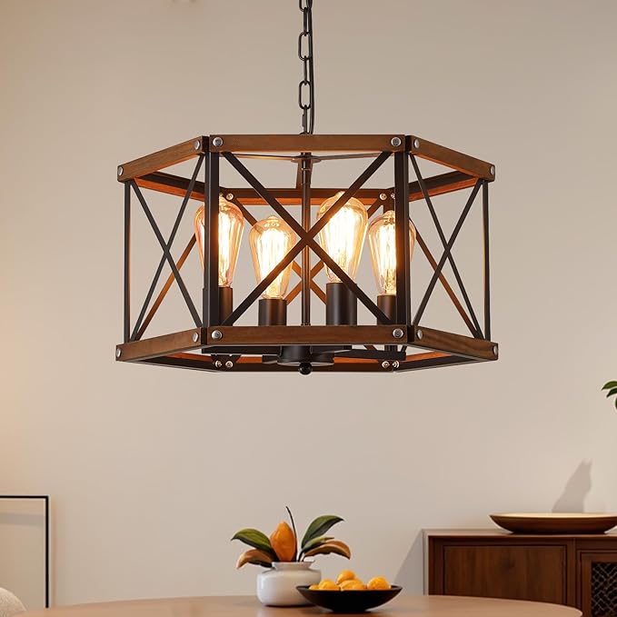 4-Light Large Rustic Farmhouse Wood Pendant Light Fixture with Adjustable Chain, 20 inch Oak Wood and Metal Cage Chandelier for Dining Room Kitchen Island Farmhouse Living Room Entry, Black