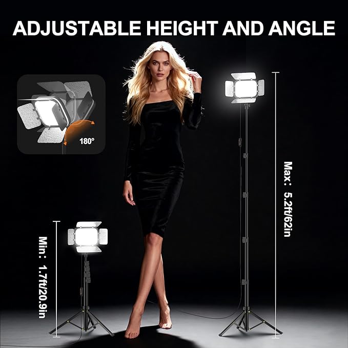 EMART 2-Pack LED Video Light, Portable 3000-5500K CRI97+ Studio Lights with 62" Tripod Stand, Magnetic Light Barndoor & Filters, Bi-Color Dimmable Lighting for Video Recording, Game Streaming, Podcast