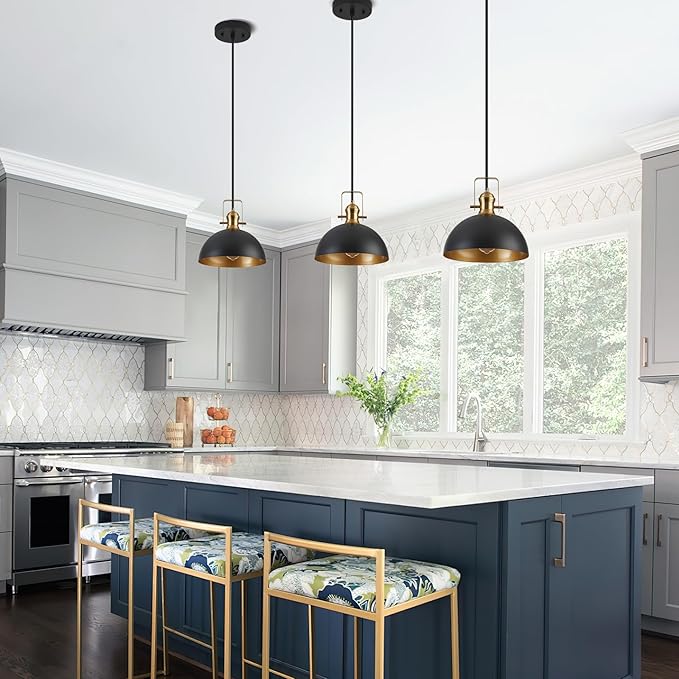 12 Inch Pendant Lights for Kitchen Island Matte Blacks Farmhouse Pendant Light fixtures Adjustable Height Dome Hanging Light for Dinning Room Bedroom Hallway,2 Packs