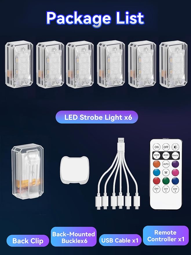 Upgraded 500mAh Wireless LED Strobe Lights with Remote,8-Color Waterproof Rechargeable Emergency Lights with 11 High-Brightness LEDs for Cars (6PCS)