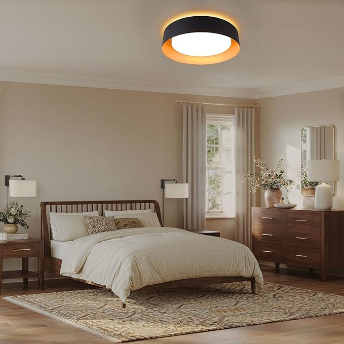 Bargeni Flush Mount Ceiling Light,12.5 inch LED Ceiling Light with Night Light,Matte Black with Gold Inside,24W/2700K/3000K/4000K/5000K/6000K/5CCT Selectable,Light Fixtures Ceiling Mount for Bedroom