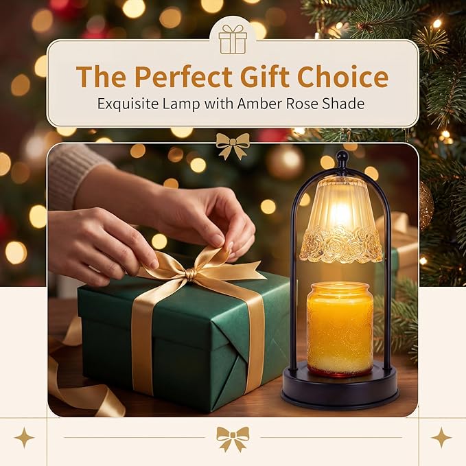 Vintage Rose Candle Warmer Lamp with Timer & Dimmer - Portable Iron Base, Amber Glass Shade, 2 Bulbs Included - Electric Wax Melter for Home Decor