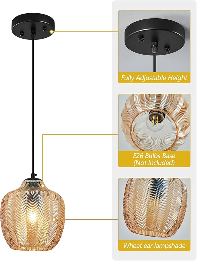 Amber Glass Pendant Lights Kitchen Island 1 Pack 6.29 in Glass Globe Pendant Light Fixture Adjustable Modern Farmhouse Pendant Lighting for Bedroom Dining Room