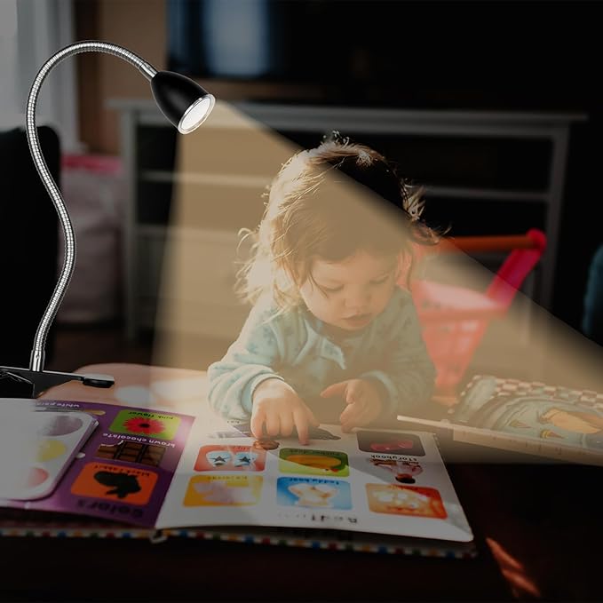 Desk lamp Eye-Caring Table Lamps, 360°Rotation Gooseneck Clip on Lamp Reading Light, Portable Reading Book Light, Clamp Light, Study Desk Lamps for Bedroom and Office Home Lighting (Black with Dimmer)