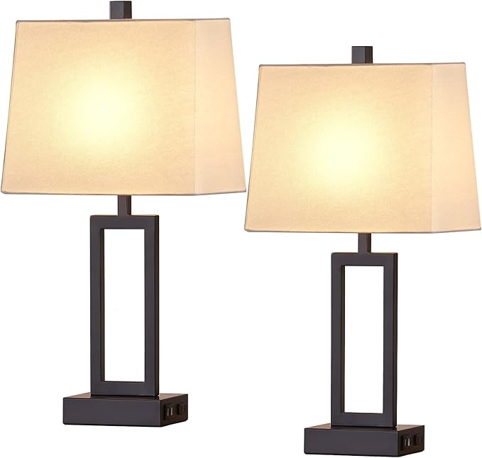 23.5" Touch Control Table Lamps Set of 2, Bedside Lamp with 2 USB Ports & AC Outlet, 3-Way Dimmable Nightstand Lamp with White Linen Shade for Living Room Bedroom End Table Office(2 LED Bulb Included)