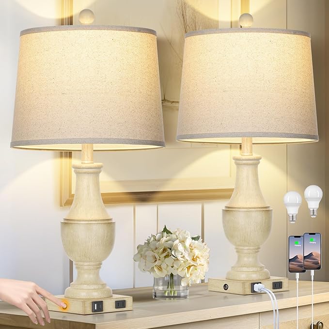 Farmhouse Lamps Set of 2, Vintage Rustic 3-Way Dimmable Touch Control Table Lamp with USB A+C Charging Ports & AC Outlet, Retro Resin Bedside Lamp Linen Shade for Bedroom Office Antique White
