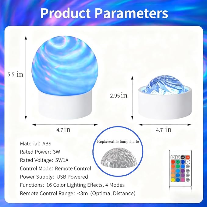 2 in 1 Ocean Wave Projector Light, 16 Color Northern Aurora Night Light Projector, 3D Dynamic Ripple Effect Holographic Water Ripple Romantic Ambient Lighting, Mood Lighting for Bedroom, Wired