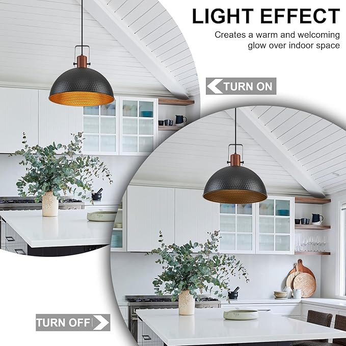 16 Inch Black Pendant Lights Hammered Matte Pendant Lights for Kitchen Island Industrial Farmhouse Adjustable Height Dome Hanging Light Fixtures for Barn, Dining Room 1 Pack