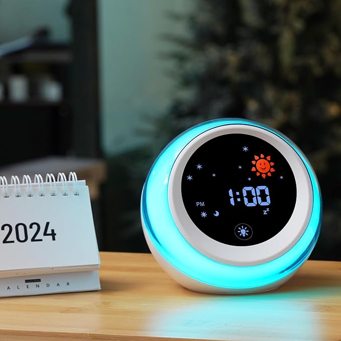 Kids Alarm Clock, Ok to Wake Clock with Sun & Star, Sound Machine, Night Lights, Nap Timer, Sleep Training Clock for Toddlers, Child