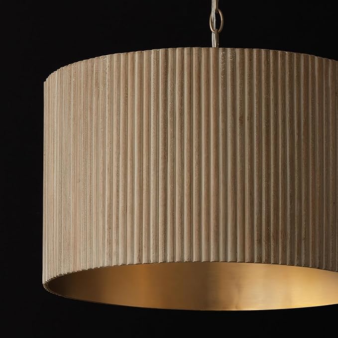 Capital Lighting 350741WS Donovan Mid-Century Modern Artisan Luxe Fluted Mango Wood Drum Pendant Ceiling Light, 3-Light 180 Total Watts, 15" H x 20" W, White Wash and Matte Brass