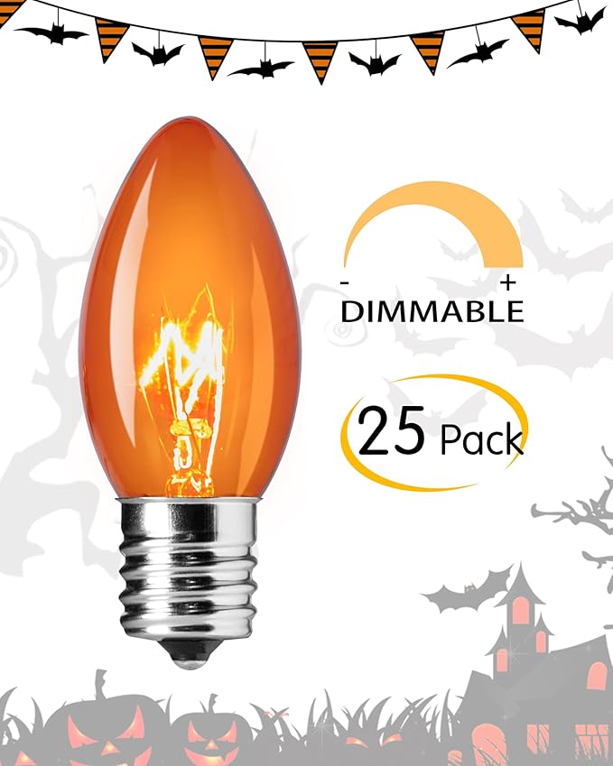 Brightown 25 Pack C9 Halloween Orange Lights, C9 Replacement Light Bulb for Halloween String Lights, E17 Intermediate Base, 7 Watt, Orange