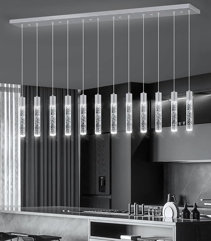 12-Lights Modern Crystal Chandeliers LED Pendant Light for Kitchen Island Dining Room Entrance Foyer Living Room Silver