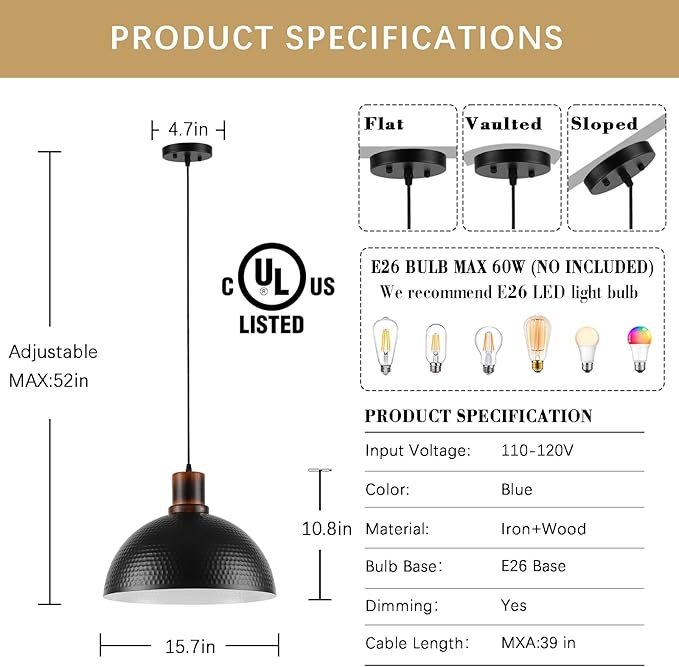 Modern Solid Wood Pendant Lights,15.7" Hammered Metal Shade,Black Finish Hanging Lighting Lamp Industrial Dome Ceiling Light Fixtures for Kitchen Island, Farmhouse, Dining Room