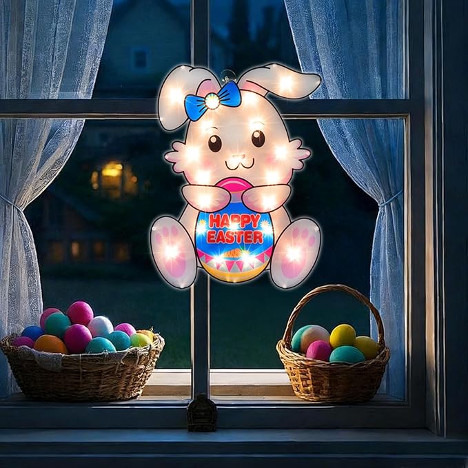 17" 20LED Lighted Bunny Easter Decor - UL Certified, Soft Warm Glow, Window & Hanging Accent, Compact Holiday Ornament, Pretty Gift Box Packed