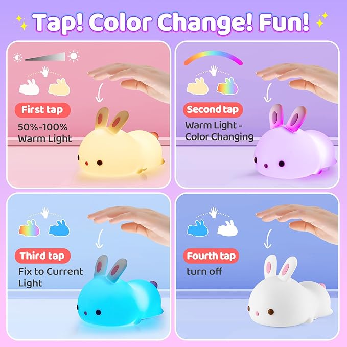 OneFire Easter Bunny Gifts for Kids, 16 Colors Night Light for Kids Cute Lamp, Soft Silicone Baby Night Light, 1200mAh Portable Dimmable Bunnies Touch Lamps, Easter Gifts Bunny Toys Kawaii Room Decor
