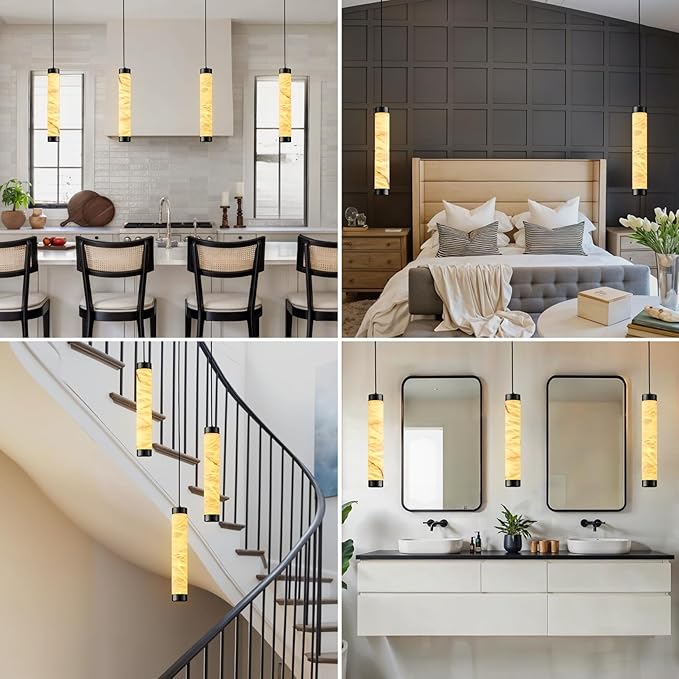 20" Alabaster Pendant Lights, Natural Marble Cylinder Black Pendant Light, Adjustable Modern Ceiling Light Fixtures for Kitchen Island, Dining Room, Bedroom, Living Room, Bathroom