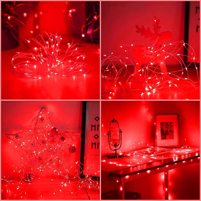 YAOZHOU Christmas Decorations Red Fairy String Lights, Battery Operated with Timer, 2 Pack Total 33FT 100 Led Mini Battery Powered Mason Jar Waterproof Firefly Lights DIY Party Halloween