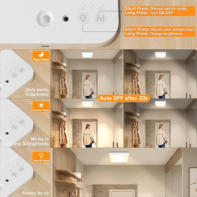 Motion Sensor Closet Lights with Remote: Rechargeable Shower Light Waterproof, Magnetic Battery Operated Ceiling Lights, No Wired LED Motion Activated Light for Closet Shower Pantry Hallway 2 Pack