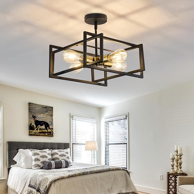 ZGLAOJT 4-Lights Close to Ceiling Light Black and Gold Light Fixture Industrial Flush Mount Ceiling Light Farmhouse Chandelier Lighting for Kitchen Island Dining Room Bedroom Foyer Hallway.