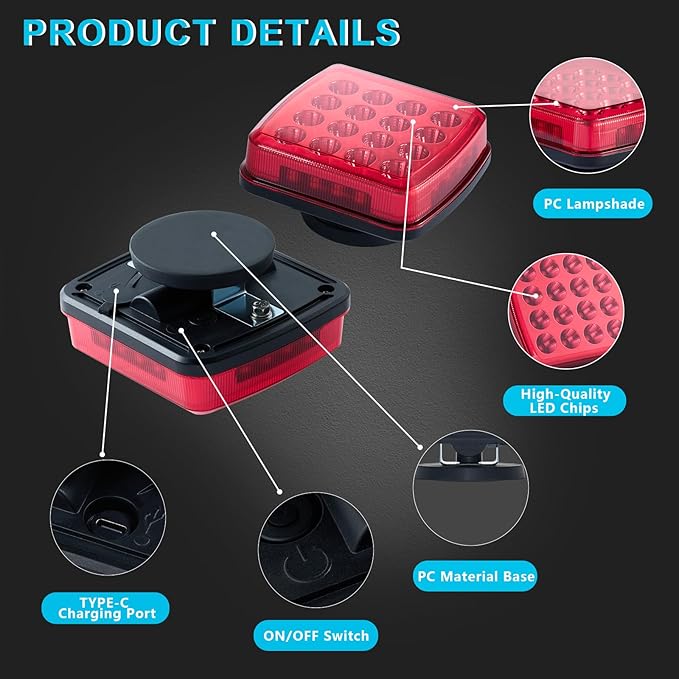 Wireless LED Road Flares for Emergency,Rechargeable Safety Flashing Lights for Vehicles,Portable Strobe Light Magnetic Emergency Strobe Light Kit for Truck(Red)