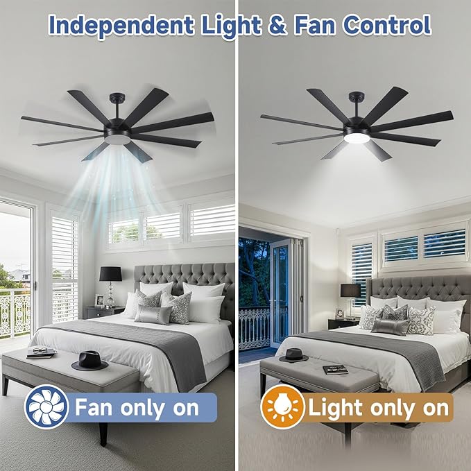 60 Inch Ceiling Fans with Lights, Ceiling Fans with Lights and Remote, Dimmable, Indoor/Outdoor Black Modern Ceiling Fan for Kitchen Living Room Patio, Shop Industrial, Dual Finish 8 Blades