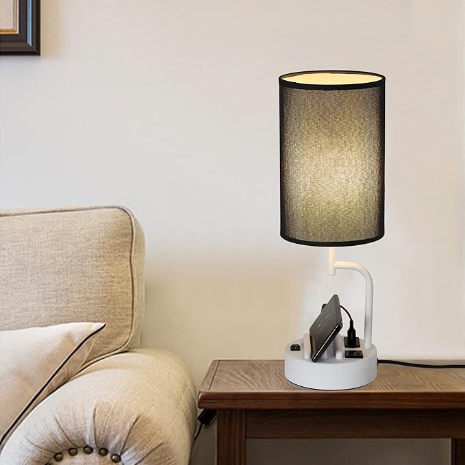 Dreamholder Table Lamp with 3 USB Charging Ports, Modern Desk Lamp with AC Outlet and Phone Stands, Perfect Bedside Lamp for Bedroom, Living Room, Office (Pack of 2), White&Black