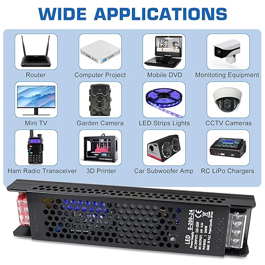 LED Driver 24V 200W 8.3A Slim LED Power Supply, AC 100-250V to 24V DC Adapter, Constant Voltage Transformer for LED Strip Lights, Bulbs, Garden Light, Cabinet Lights