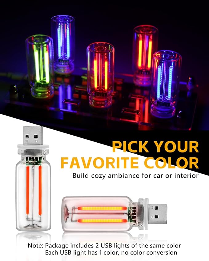 2PCS USB Car Lights, Touch Adjustment Lights, Plug in USB Vehicle Interior Ambient Light, Mini LED Retro Bulb Glass Bottle Night Light for Car, Camping, Holiday Decoration, Party, Bedroom (Red)