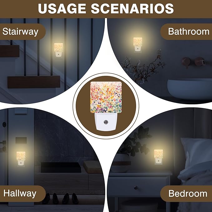 Colorful Flowers Night Light, Watercolor Floral Plug-in Nightlight with Dusk to Dawn Auto Sensor for Home Bedroom Hallway Kitchen 0.5W Sleep Friendly Led Lamp for Women Men