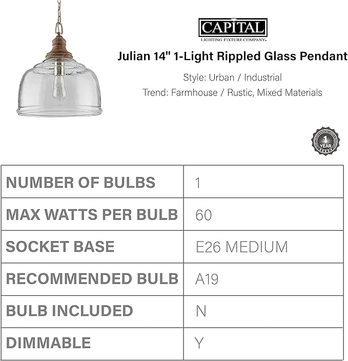 Capital Lighting 330318GY Julian Coastal Style Clear Organic Rippled Glass Pendant with Handcrafted Mango Wood Finial, 1-Light 60 Watt, 16" H x 14" W, Grey Wash
