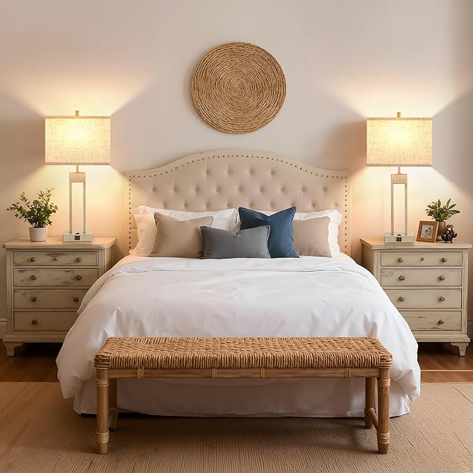 GyroVu 25.5" Nightstand Table Lamps for Bedrooms Set of 2, Bedside Lamp with USB C+A, 3 Colors Changeable Living Room Lamp, Modern Night Stand Lamps for Bed Side Guest Room Reading, Antique White