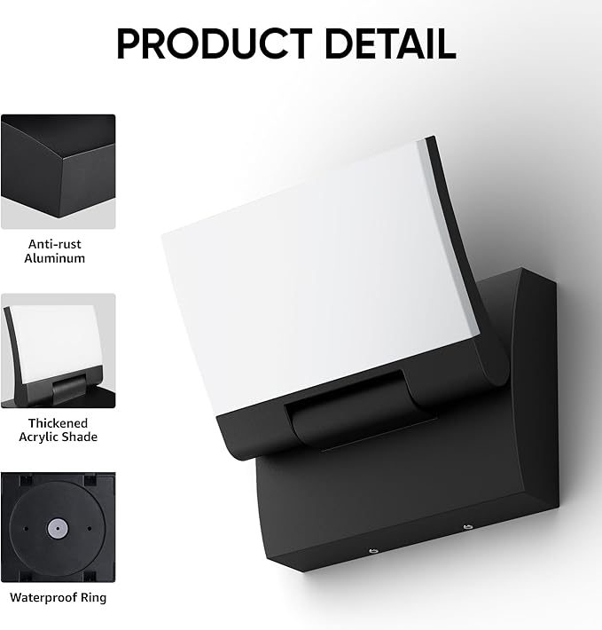 LED Outdoor Wall Light 2-Pack, Rotatable Adjustable Wall Sconce, IP65 Waterproof Porch Light for House Garage Patio, 3000K Warm White, Matte Black Aluminum